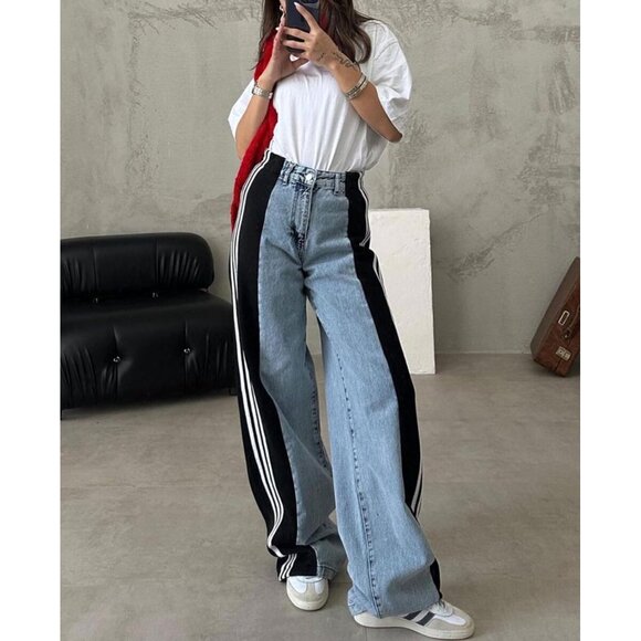 Womens High Waisted Wide Leg Stretch Denim Pants Color Block Casual - Picture 7 of 8